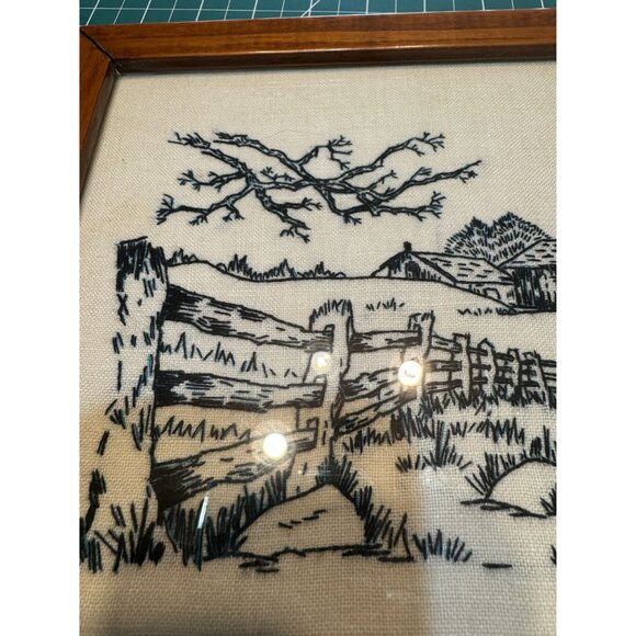 Vintage Framed Embroidered Farmhouse Scene - Picture 2 of 4